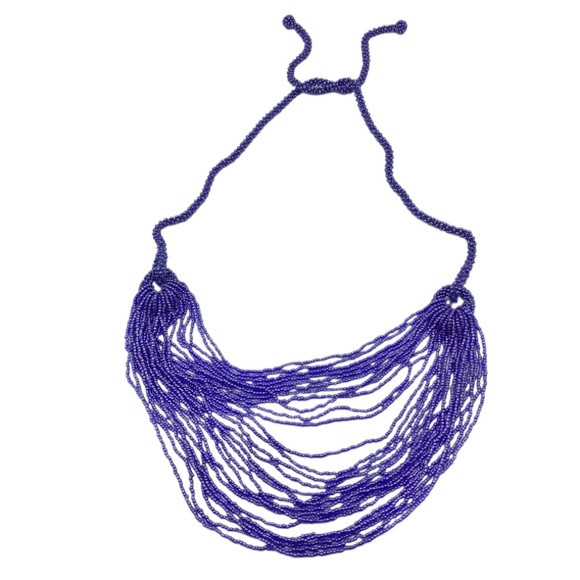 Purple Seed Bead Necklace, Boho Multi Strand Beaded Statement Necklace, Handmade - Picture 11 of 16